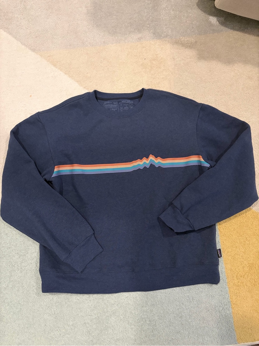 Patagonia women’s crew neck blue sweatshirt pullover stripe size large cozy